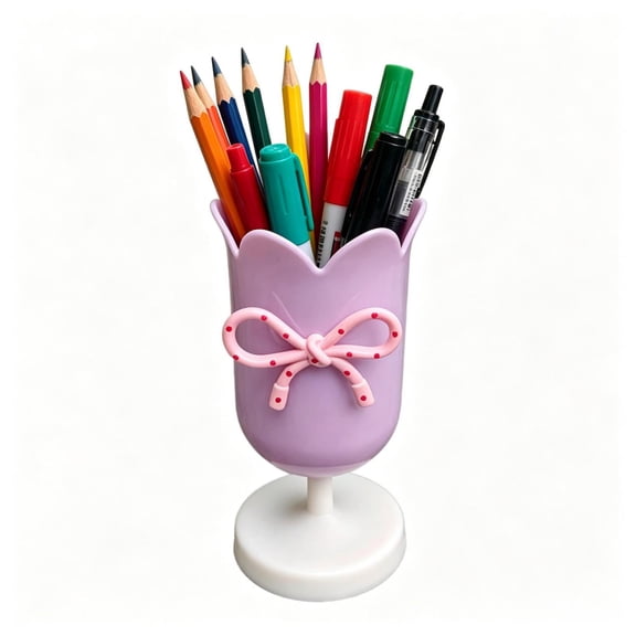 Under 1$ Product! Purple Tulip Shaped Plastic Pen Holder with Pink Polka Dot Bow Decor, Cute Desktop Pencil Cup Organizer for Pens Makeup Brushes & Office Supplies, Stable Base Desk Organizer