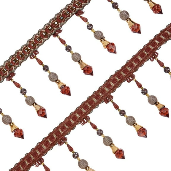 4.4 Yard Brown Beads Tassel Curtain Trim 5.1 Inch Wide Beading Fringe Trimming Beaded Hanging Ball Tassel Fringe Trim Polyester Fringe Lace Ribbon