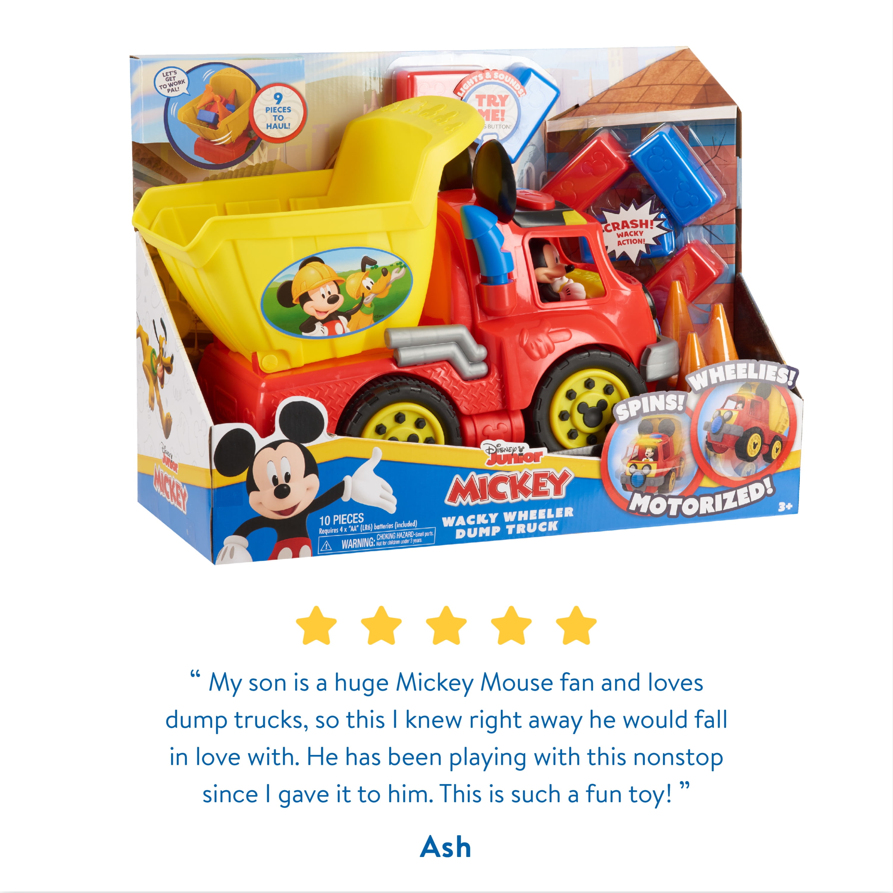 Disney Junior Mickey Mouse Funhouse Wacky Wheeler Dump Truck, Interactive Toy Construction Vehicle with Lights and Sounds,  Kids Toys for Ages 3 Up, Gifts and Presents