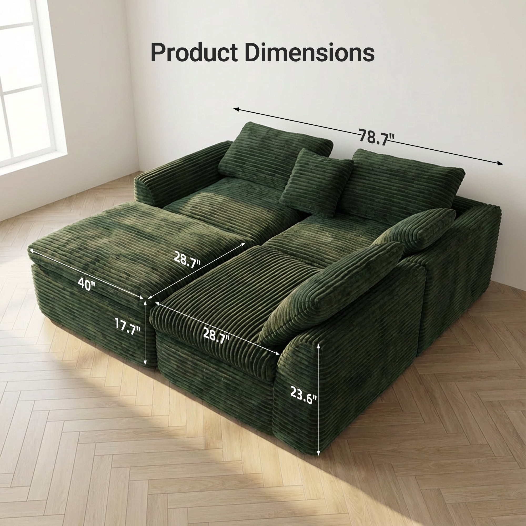 CARZZI 108'' Modular Sectional L-Shaped with Chair,Deep Seat Boneless Corner Couch for Living Room,Plush Corduroy Couch with Detachable Sofa Set,No Assembly(Left Facing Chaise，Green)