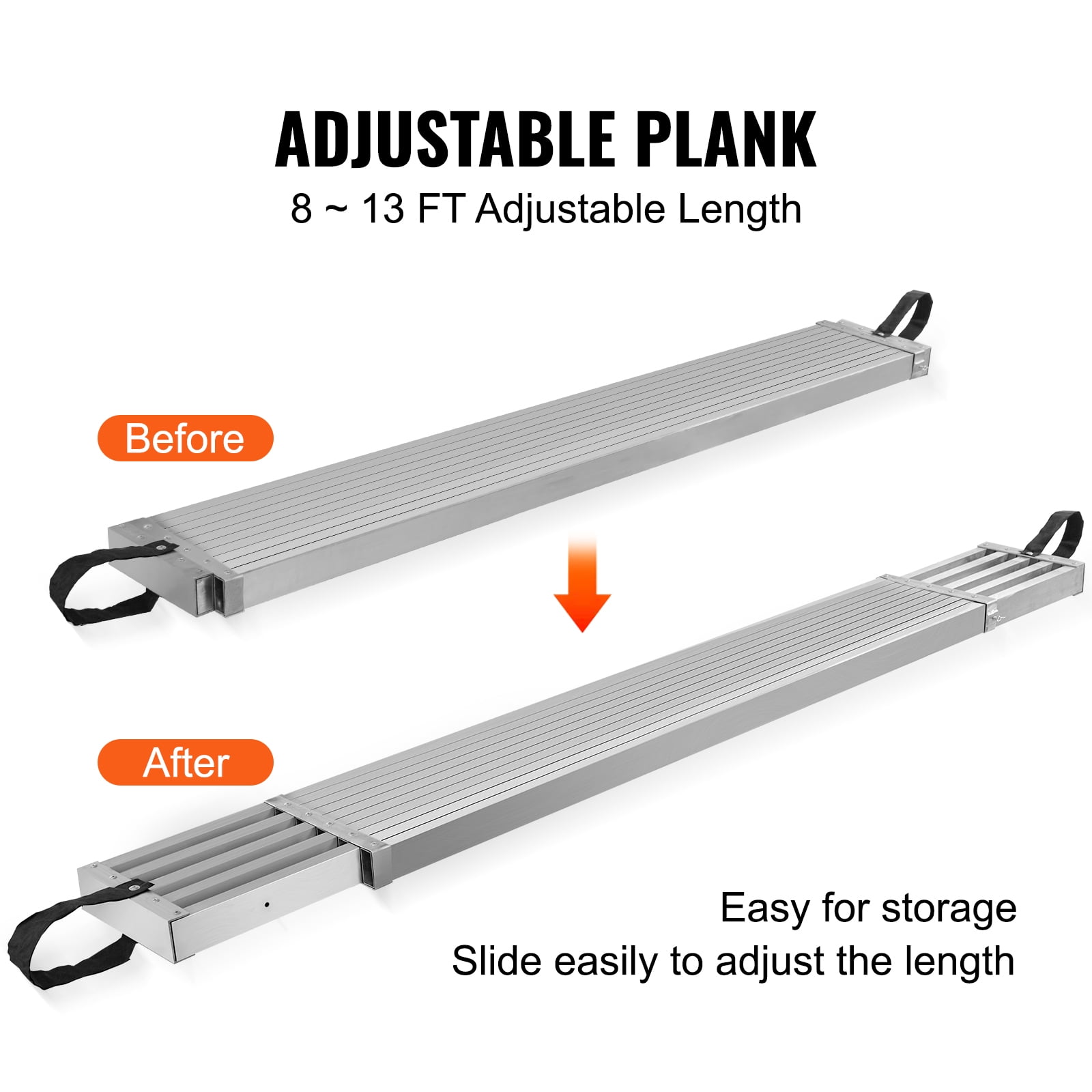 SKYSHALO Aluminum Extendable Work Platform, 8-13ft Support up to 500lbs, 12.5in Wide, Non-Slip Surface, Scaffold Board for Ladder Accessory