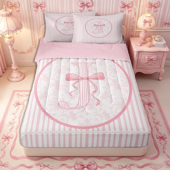 Manfei Girls Cute Bow Stripes Letter I Zipper Twin Comforter Sets with Fitted Sheet and 2 Pillowcases,Romantic Flowers Bow Tie Zipper Bedding Set,4-Piece,Pink Reversible
