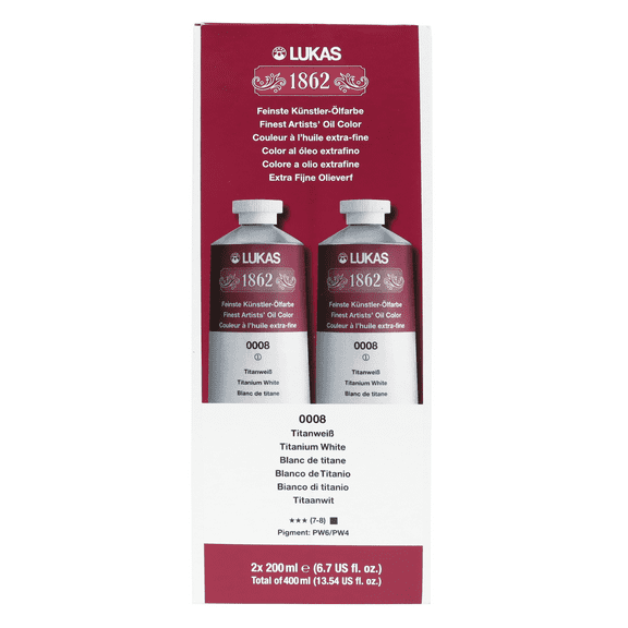 Lukas 1862 Professional Artist Oil Paints, Titanium White 200mL- Pack of 2 Tubes, Highly Pigmented, German Engineered, Enhanced w/ Beeswax, Non-Yellowing, Outstanding Lightfastness, Smooth Consistency