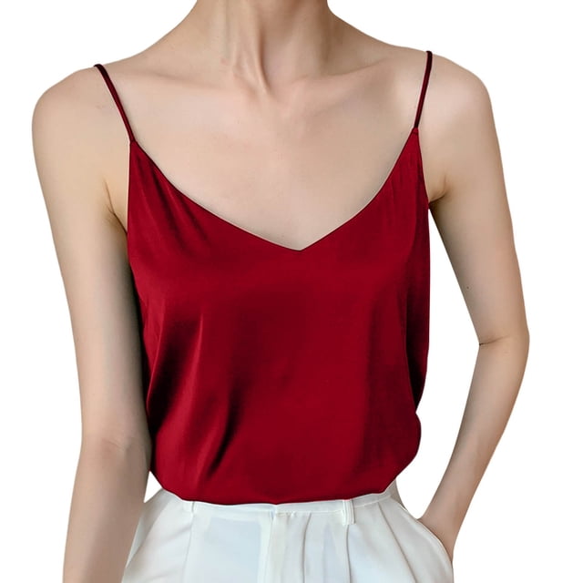 HNMKIU Débardeur Femme Col en V Sans Manches en Satin