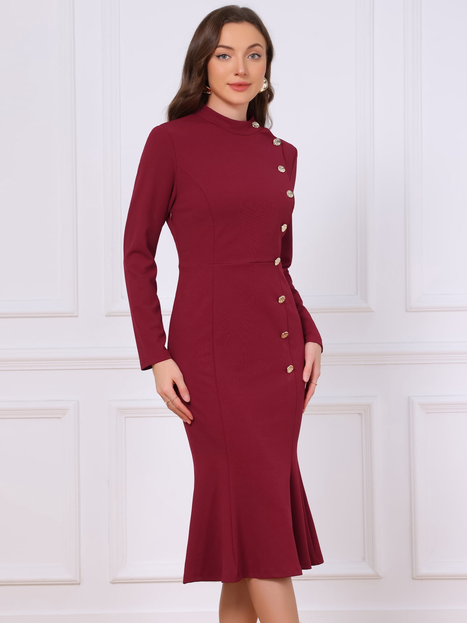 DARING DIVA Women's Midi Fishtail Dress Long Sleeve Stand Neck Work Dress M Wine Red