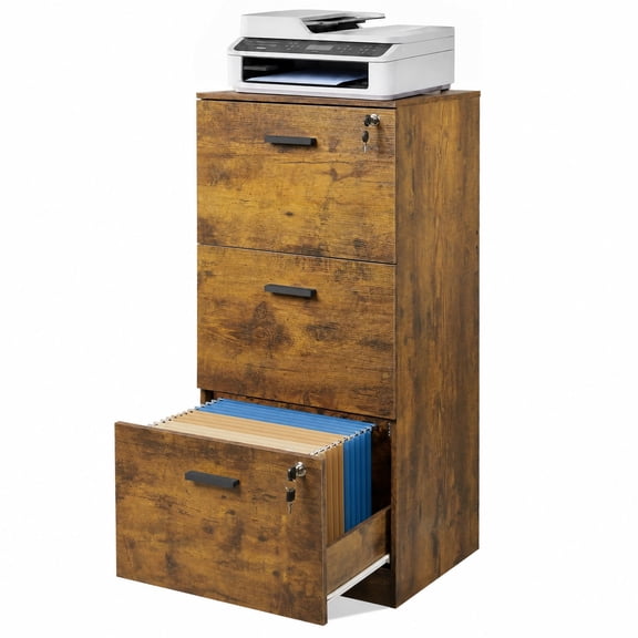 GALAXHERO 3 Drawers File Cabinets, Wood Vertical Filing Cabinet with Lock for Home Office, Letter/A4 Size, Rustic Brown