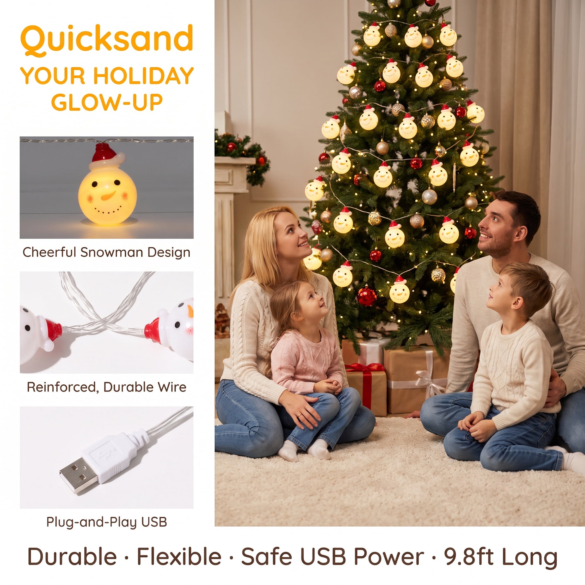 Unique Bargains Fairy Garlands Yuletide Noel Decor Lamps 9.8 ft Snowman USB Powered