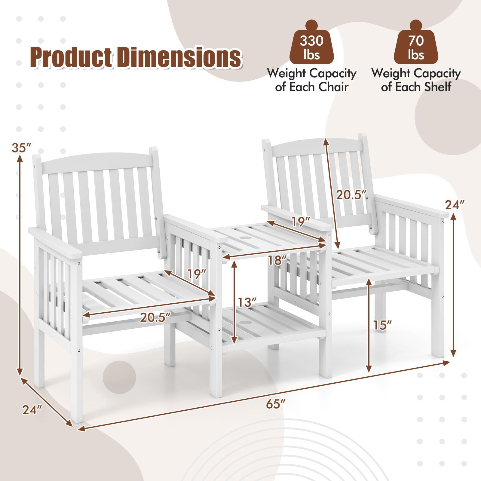 Hommoo Fir Wood Outdoor Patio Bench Loveseat with Side Table & Umbrella Hole, White