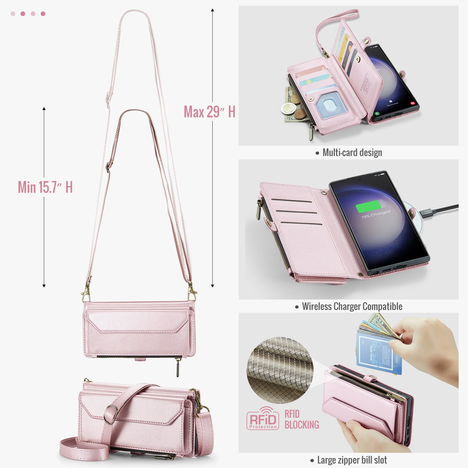 Compatible with Samsung Galaxy S23 Ultra 5G Zipper Wallet Phone Case Tempered Glass Screen Protector Crossbody Lanyard Strap Flip Card Holder Slot Cell Cover for S23Ultra 23S S 23 6.8 Women Rose Gold