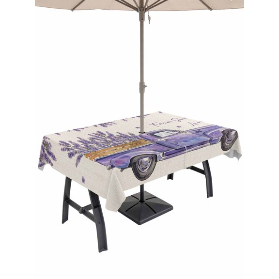 Outdoor Tablecloth with Umbrella Hole for Patio/Picnic/Party/Camping, Purple Lavender Waterproof Table Cloth Rectangle Table Cover Washable, Spring Floral Flowers Truck Farmhouse Beige (54"x 80")