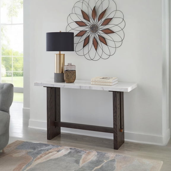 Signature Design by Ashley Burkhaus Sofa Table, Natural Marble Top, Dark Brown Oak Console for Living Room