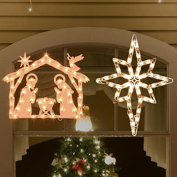 2-Piece Lighted Christmas Sculpture, 50 LEDs Nativity and Bethlehem Star for Indoor Outdoor Holiday Wall Door Window Decor