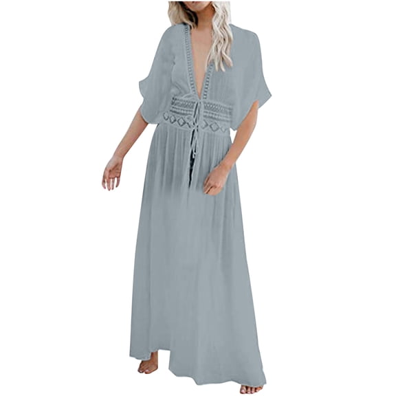 Summer Saving Wycnly Formal Dresses for Women Short Sleeve V-Neck Solid Summer Long Dresses Beach Tie Waist Loose Cover Ups A Line Dress Gray xxxl Clearance Under $5