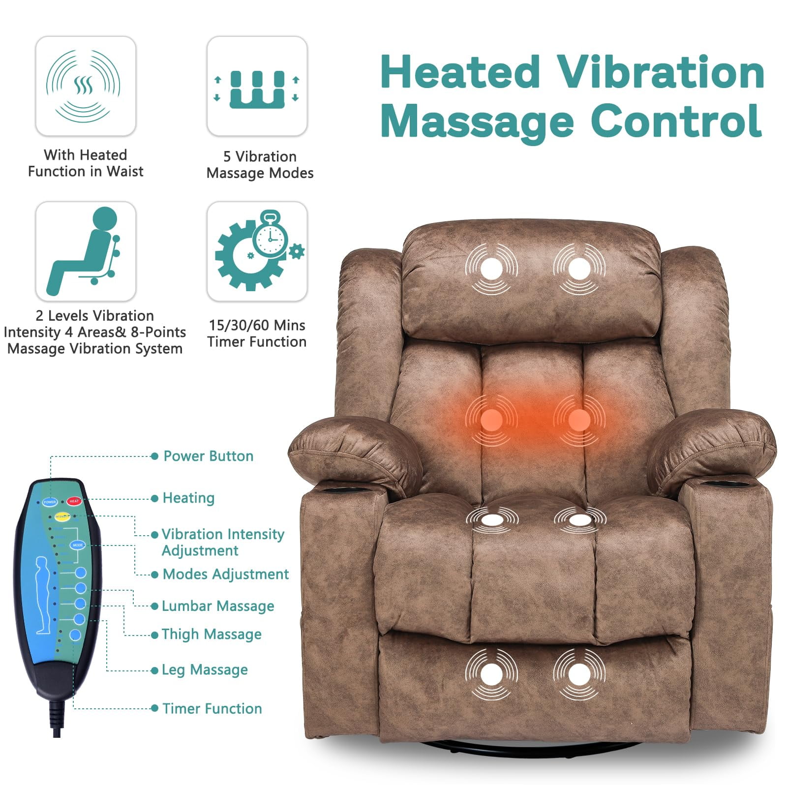 MEETWARM Massage Swivel Rocker Recliner, Manual Glider Rocking Recliner Chair with Heat and Vibration, 360°Swivel Lounge Reclining Chair with USB Ports/Cup Holder/Remote Control(Plush-Brown)
