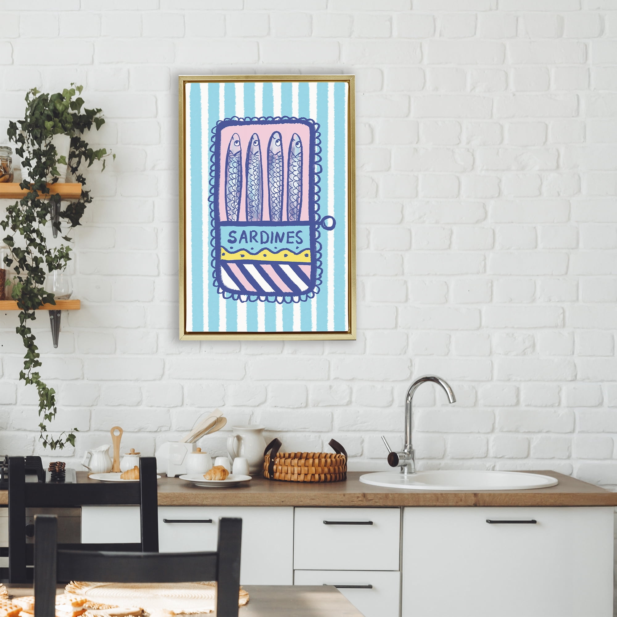 Stupell Industries Pastel & Stripes Sardines Gold Framed Floater Canvas Wall Art, design by Florentina Dolci