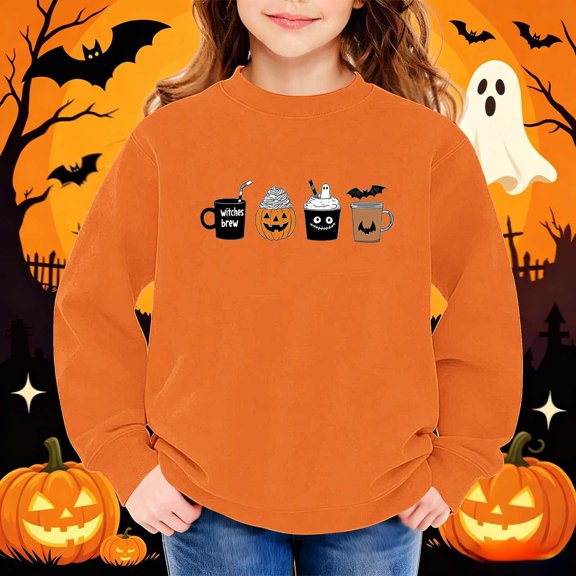 WQNVRNR Girl Halloween Sweatshirt Casual Crew Neck Pullover Pumpkin Ghost Graphic Long Sleeve Tops Shirt Orange 10-11 Years