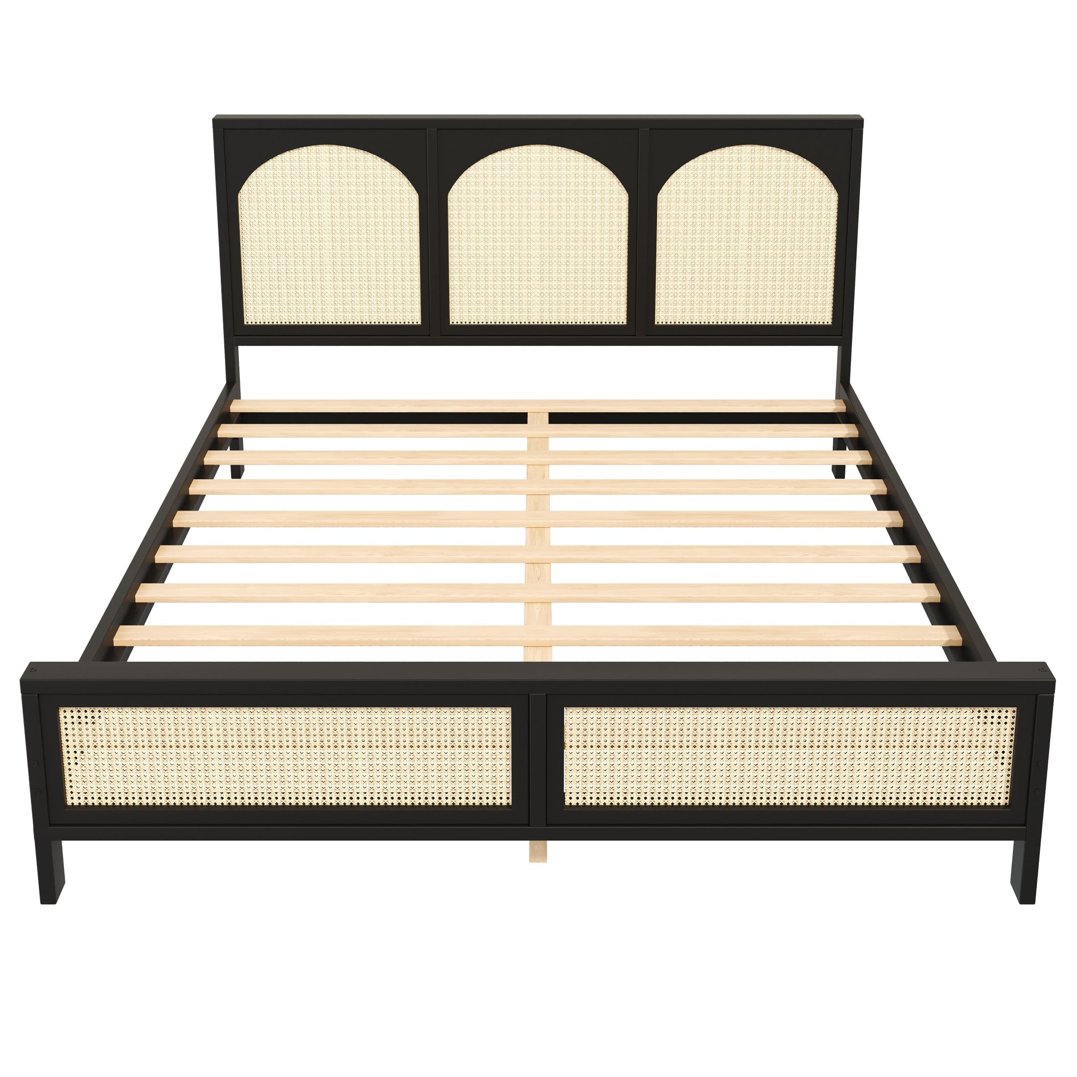 Noble House Driscoll King Size Wood Platform Bed with Rattan Headboard & Footboard, Modern Bed Frame, Black