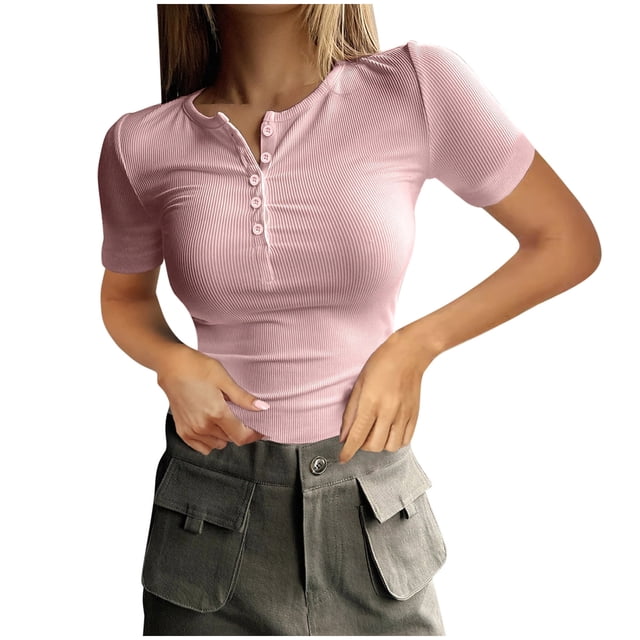 Plebaso T-Shirts Côtelés Slim pour Femmes, Manches Courtes, Tricotés, Décontractés, pour Sortir