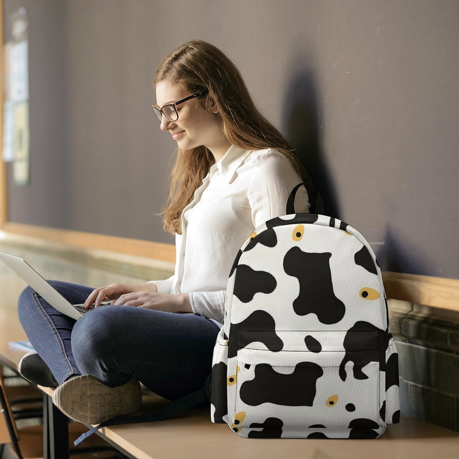 Large Capacity Half Print Backpack 11.8×16.5×5.9in Multifunctional Zipper Design Convenient Switch Simple Cow Print Pattern1_4
