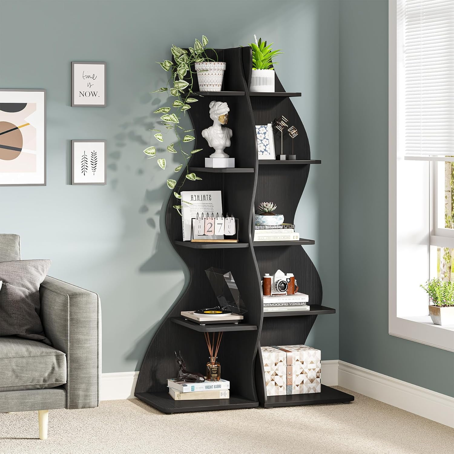 Tribesigns Small Corner Shelf, 5-Tier Modern Corner Bookcase for Small Space, Living Room (Black)