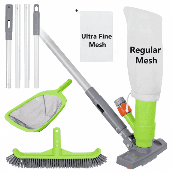 WaterJingle 4-Piece Pool & Spa Maintenance Kit: Jet Vacuum with 57.5" Pole, 13.5" Curved Brush & Semi-Deep Skimmer Net - Venturi Cleaning System for Hot Tubs & Above Ground Pools