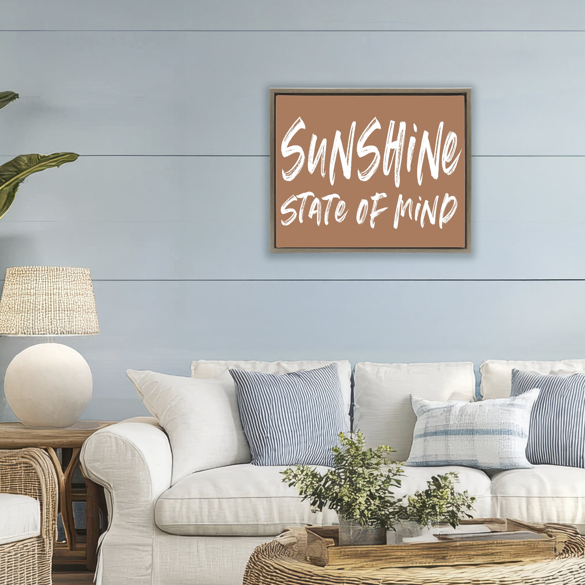 Summery Sunshine State Of Mind Brown Framed Floater Canvas Wall Art, design by Lettered and Lined