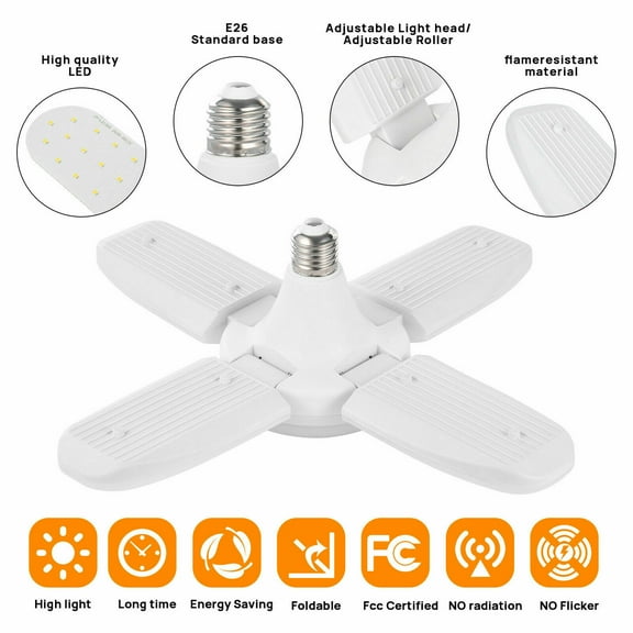 4Pcs LED Garage Workshop 6500K White Light Bulb Deformable Ceiling Fixture Lights Warehouse Lamp E27