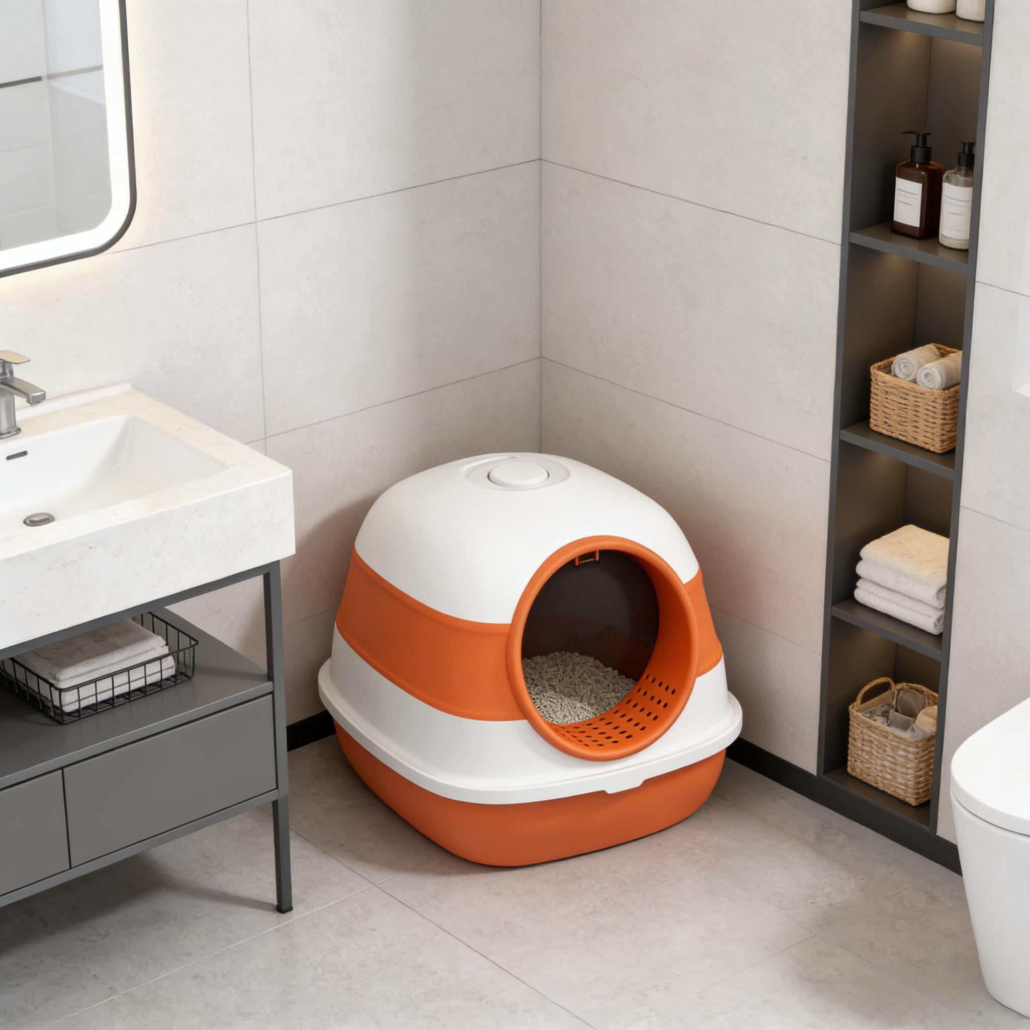Foldable Covered Cat Litter Box, Orange & White Enclosed Litter Box with Air Freshener, Litter Grate & Scoop, High Edge Lid, Privacy Cat Toilet for Cats Up to 10lbs