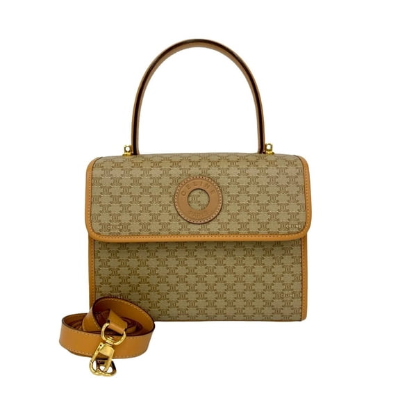 Pre-Owned CELINE Macadam Circle Logo Leather 2-way Handbag Shoulder Bag Beige 06863 (Good)