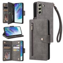 Feishell for Samsung Galaxy S21 FE 5G Wallet Case with Wrist Strap,Premium PU Leather Zipper Pocket Magnetic Buckle Folio Flip ID Credit Card Slots Shockproof Kickstand Phone Case for Women Men,Gray