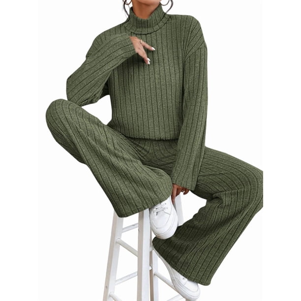 Conjuntos de 2 Piezas para Mujer para Otoño: Suéter de Punto de Viaje, Pantalones Anchos y Chándal para Estar en Casa. Verde XL