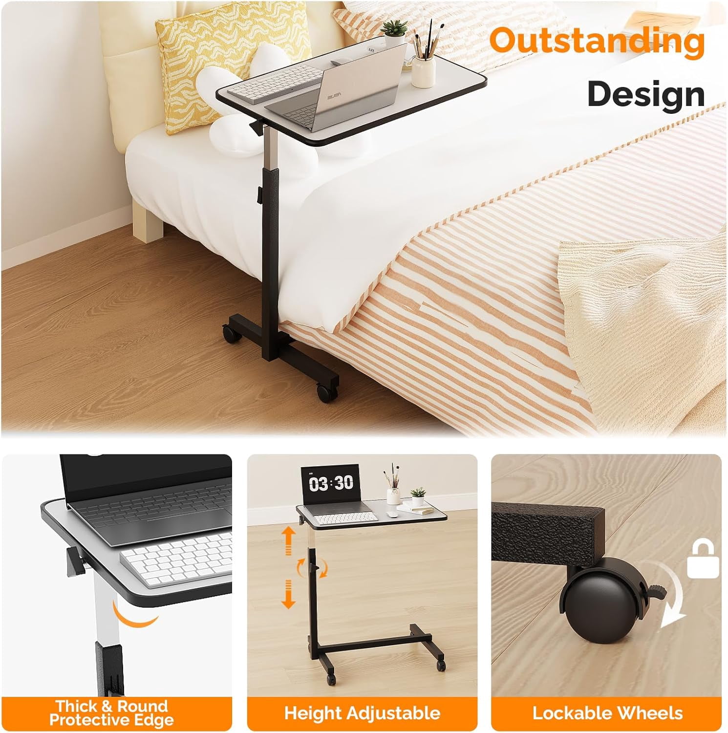 Yunken 23.6 Inch Rolling Adjustable Multifunctional Lifting Computer Desk, Tilting Desktop, Sit Stand Laptop Desk TV Tray for Bed Sofa Hospital Reading Eating, Silver