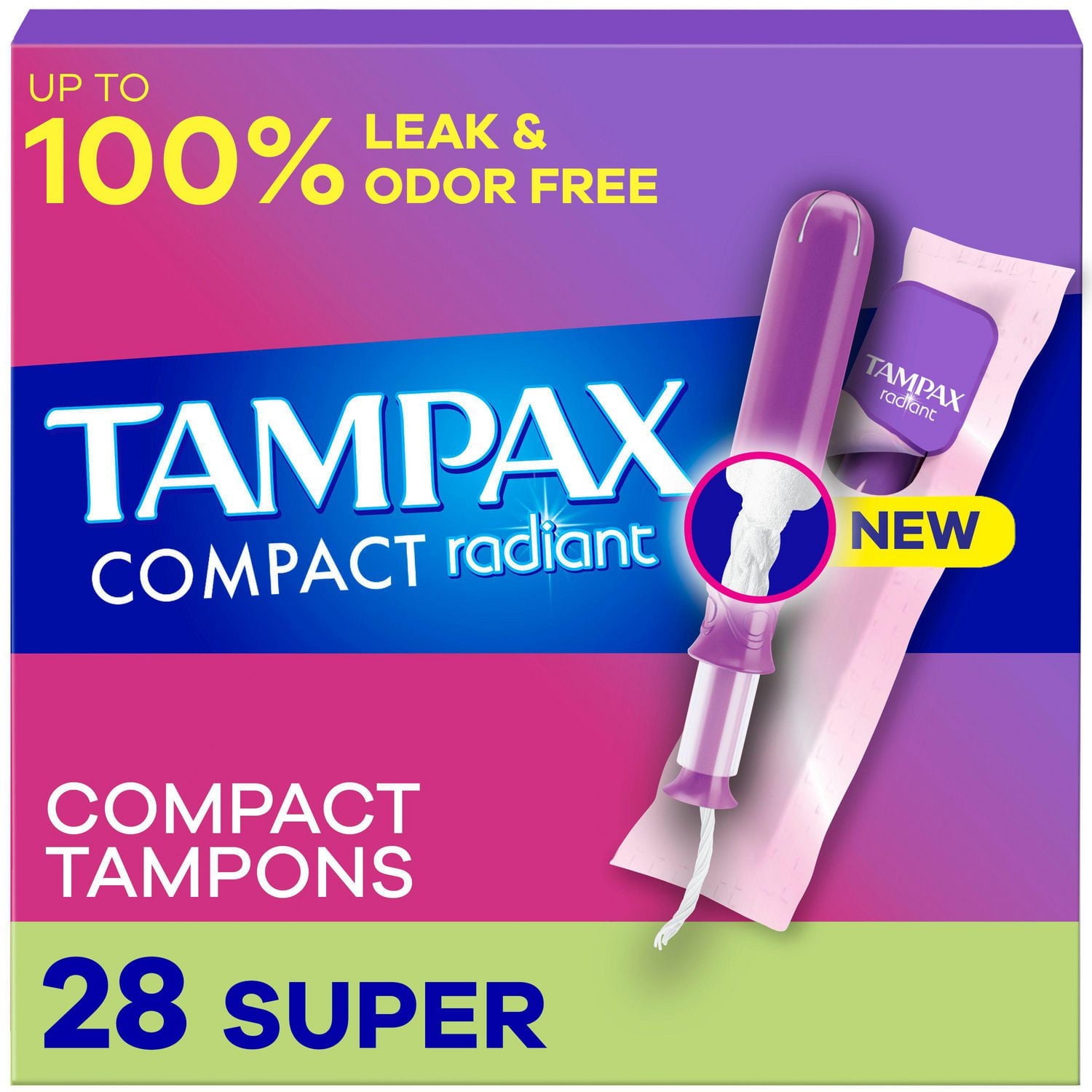 Tampons Tampax Radiant compacts, avec tresse anti-fuites LeakGuard et applicateur extensible, degré d’absorption super, non parfumés, 28tampons 28CT
