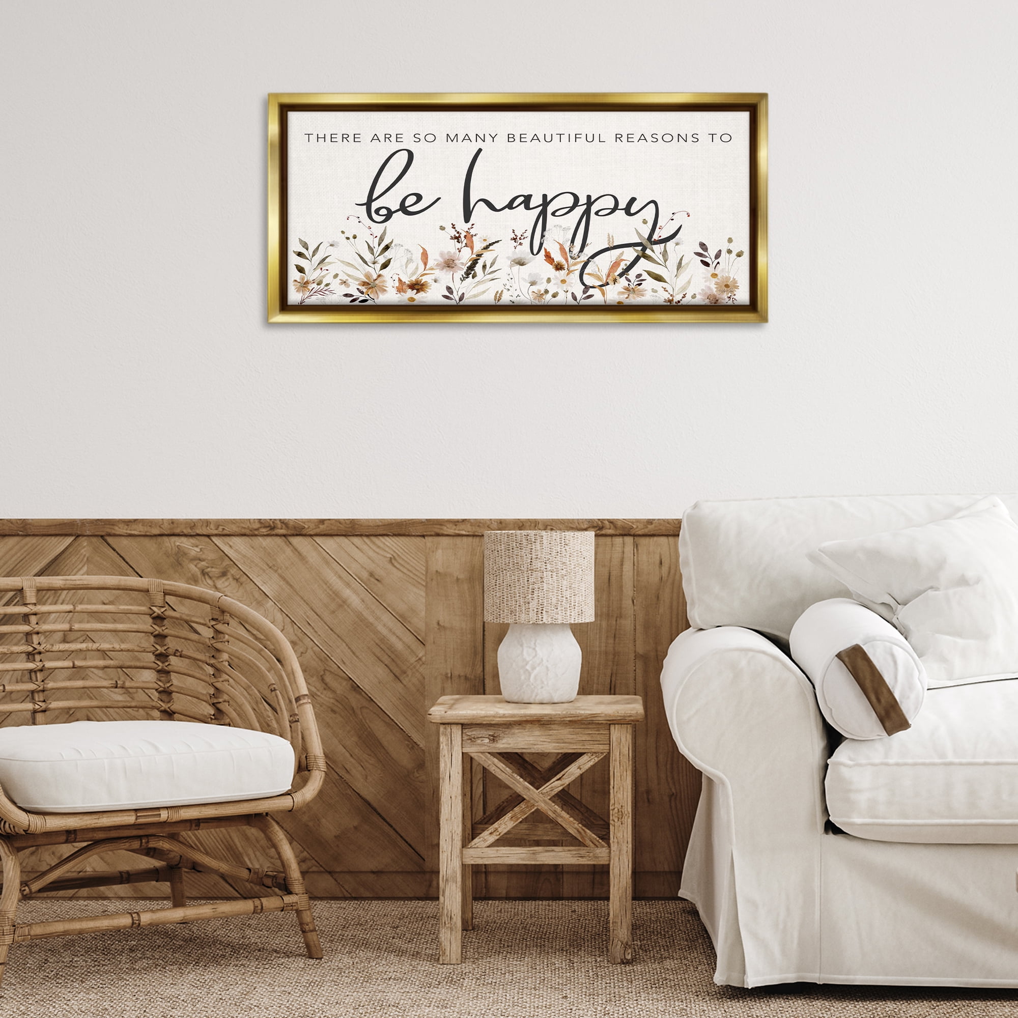 Stupell Industries Beautiful Reasons Sentiment Plants & Flowers Painting Gold Floater Framed Canvas Art Print Wall Art, 31 x 14