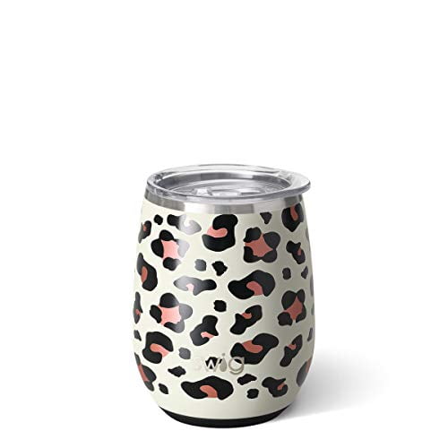 Swig Life 14oz Triple Insulated Stainless Steel Stemless Wine Tumbler with Slider Lid, Dishwasher Safe, Vacuum Insulated Travel Wine Glass in Luxy Leopard Print (Multiple Patterns