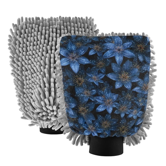 Microfiber Car Wash Gloves With Chenille & Polyester Terry Scratch-Free Cleaning Elastic Cuffs Deep Blue Flower