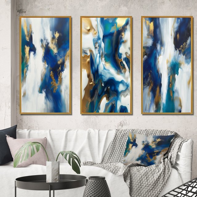 Designart "Abstract Transcendence Blue and Gold IV" Abstract Painting Framed Wall Art Set Of 3 - Gold Modern Frame Gallery Set For Office Decor