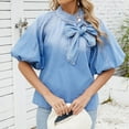 thumbnail image 6 of Hvot&aat Women's Bow Design Denim Pullover Mock Neck Puff Short Sleeve Tops Elegant Workwear Blouse, 6 of 7