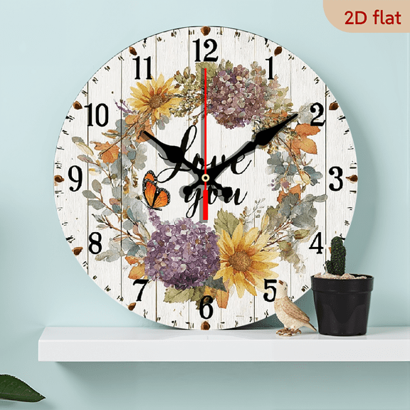 10 Inch Silent Non-Ticking Wall Clocks Battery Operated Love You Home Decor for Garage Colorful Flower Floral Rustic Round Wooden Wall Clock Vintage for Dining Room Yoga Room