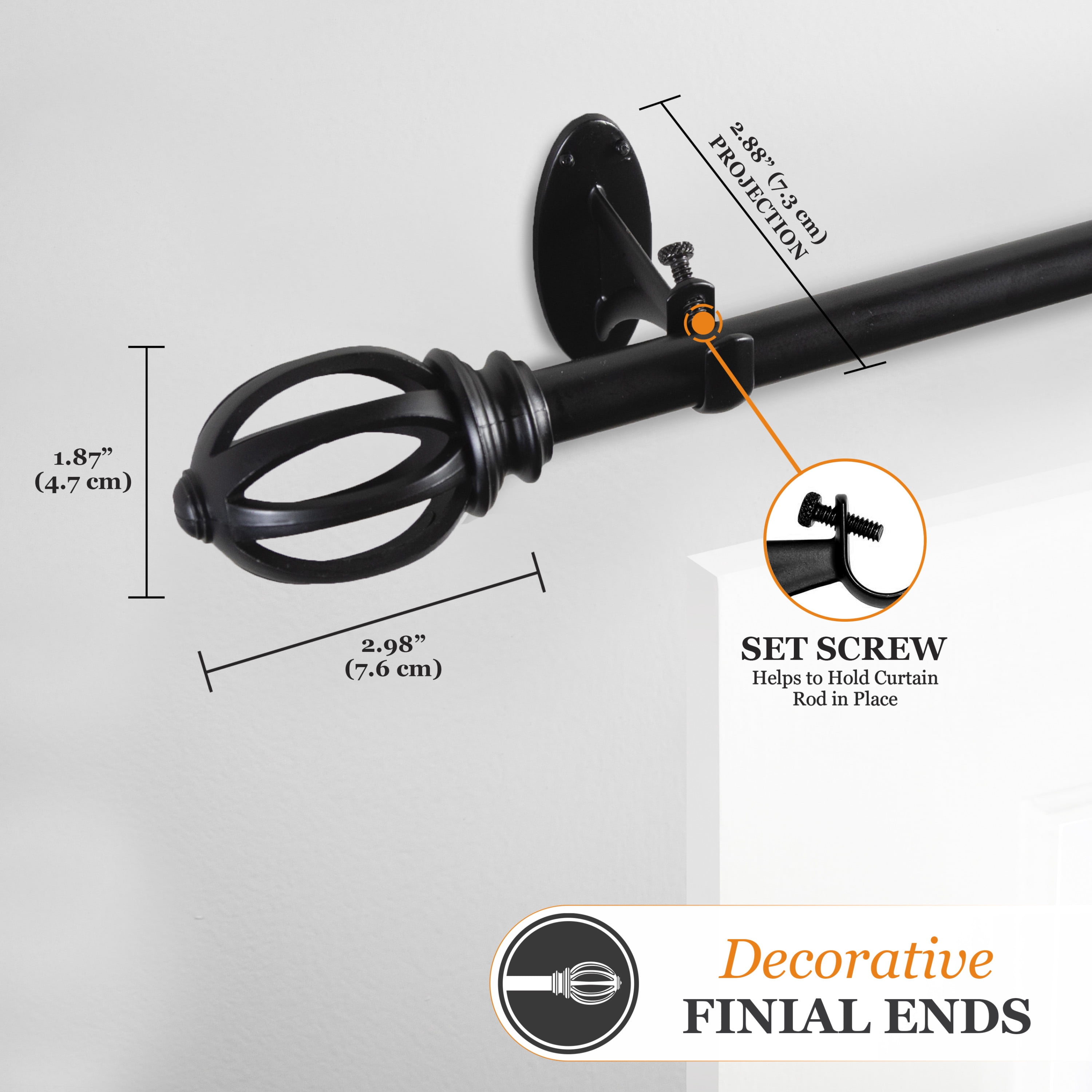 Kenney Lilly Cage 5/8" Fast Fit, Easy Install Decorative Window Curtain Rod, 66-120", Black
