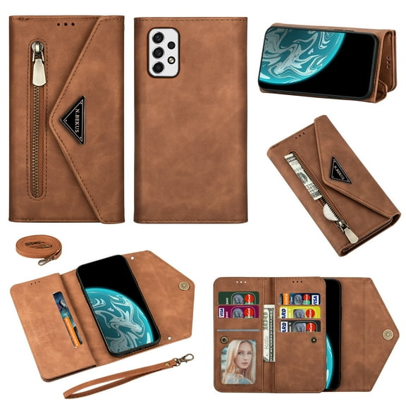 Nalacover for Samsung Galaxy A71 5G Wallet Case,360 Protection PU Leather Soft TPU Magnetic Flip Folding Kickstand Card Slots Zipper Pocket Shockproof Cover with Crossbody Shoulder Strap.Brown