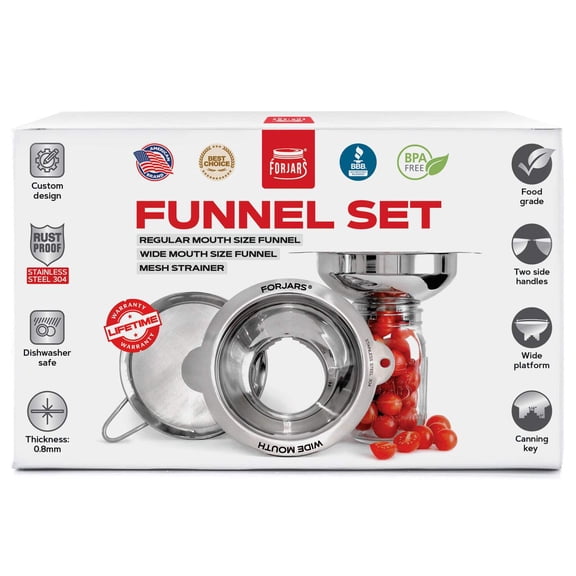 Forjars Canning Funnel Set - with Strainer for Wide and Regular Mason Jars