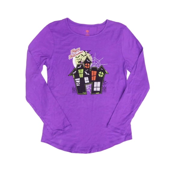 Womens Purple Happy Halloween T-Shirt Haunted House Glitter Tee Small