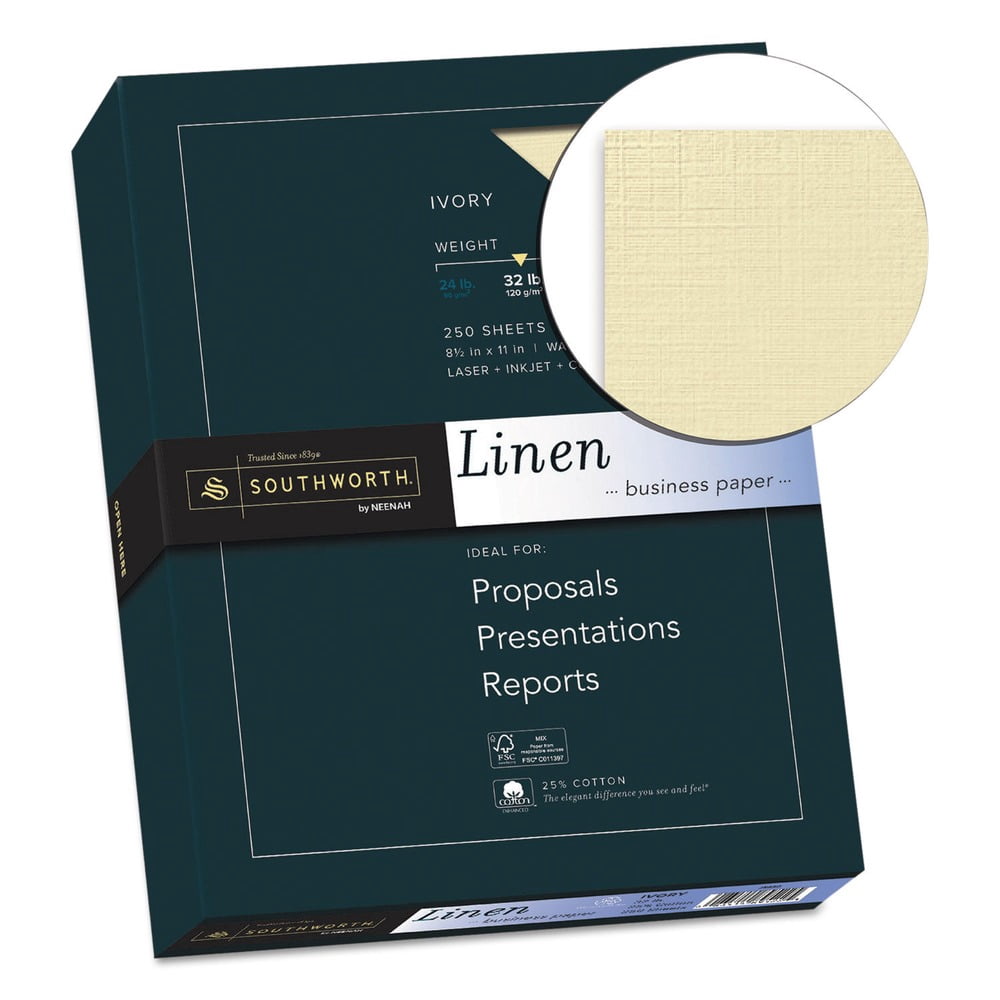 Southworth Cotton Linen Business Paper, 8-1/2" x 11", 32 lb., Ivory, Box of 250