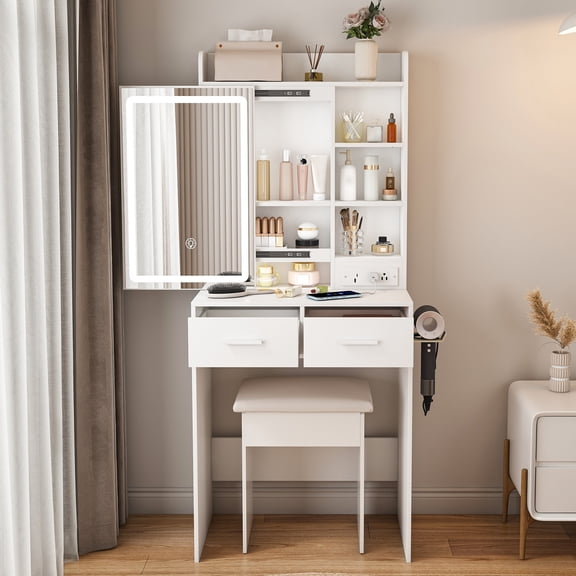 Small Makeup Vanity Desk with Mirror & Adjustable LED Lights, Built-in Power Outlet & Hidden Storage, Includes Padded Stool & Shelf, Space-Saving Dressing Table for Small Bedrooms, White