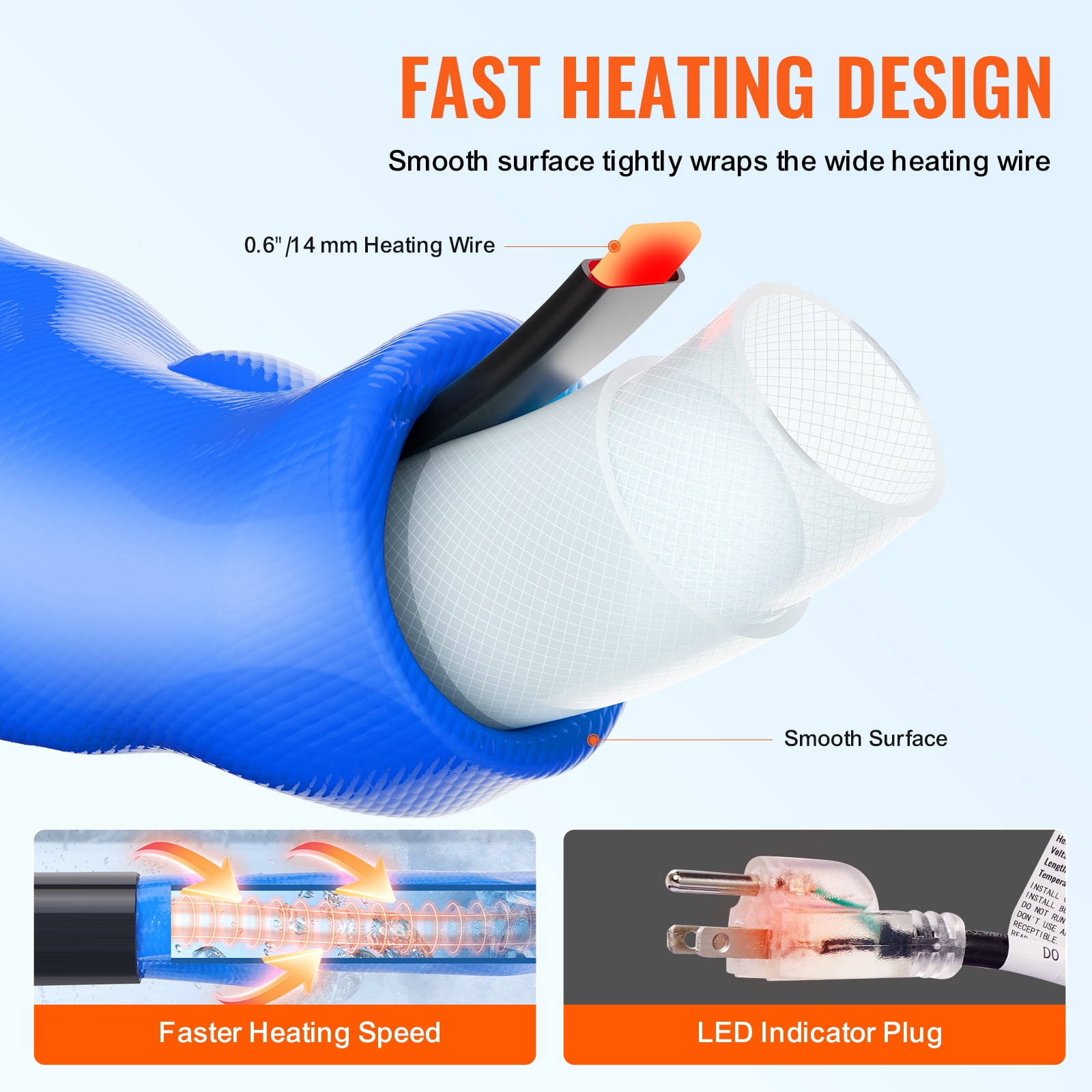 VEVOR 30ft Heated Water Hose for RV, Heated Drinking Water Hose with Corrugated Cover Antifreeze to -45°F, Automatic Self-regulating, 5/8" I.D. with 3/4" GHT Adapter, Lead and BPA Free