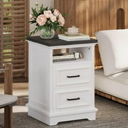 LIKIMIO Farmhouse Nightstand with Storage Drawers and Open Shelf, Small End Tables Living Room, Rustic Wood Side Tables for Bedroom, Roman Column Design, White