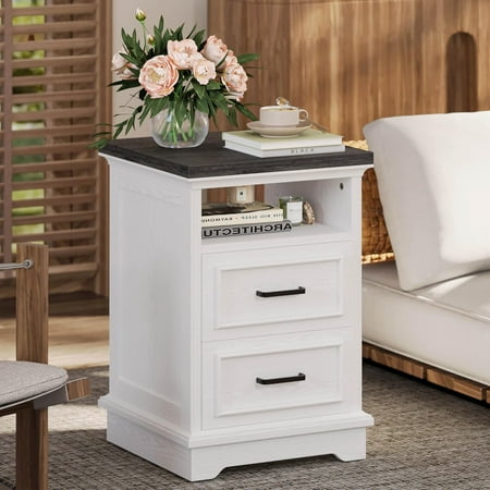 LIKIMIO Farmhouse Nightstand with Storage Drawers and Open Shelf, Small End Tables Living Room, Rustic Wood Side Tables for Bedroom, Roman Column Design, White