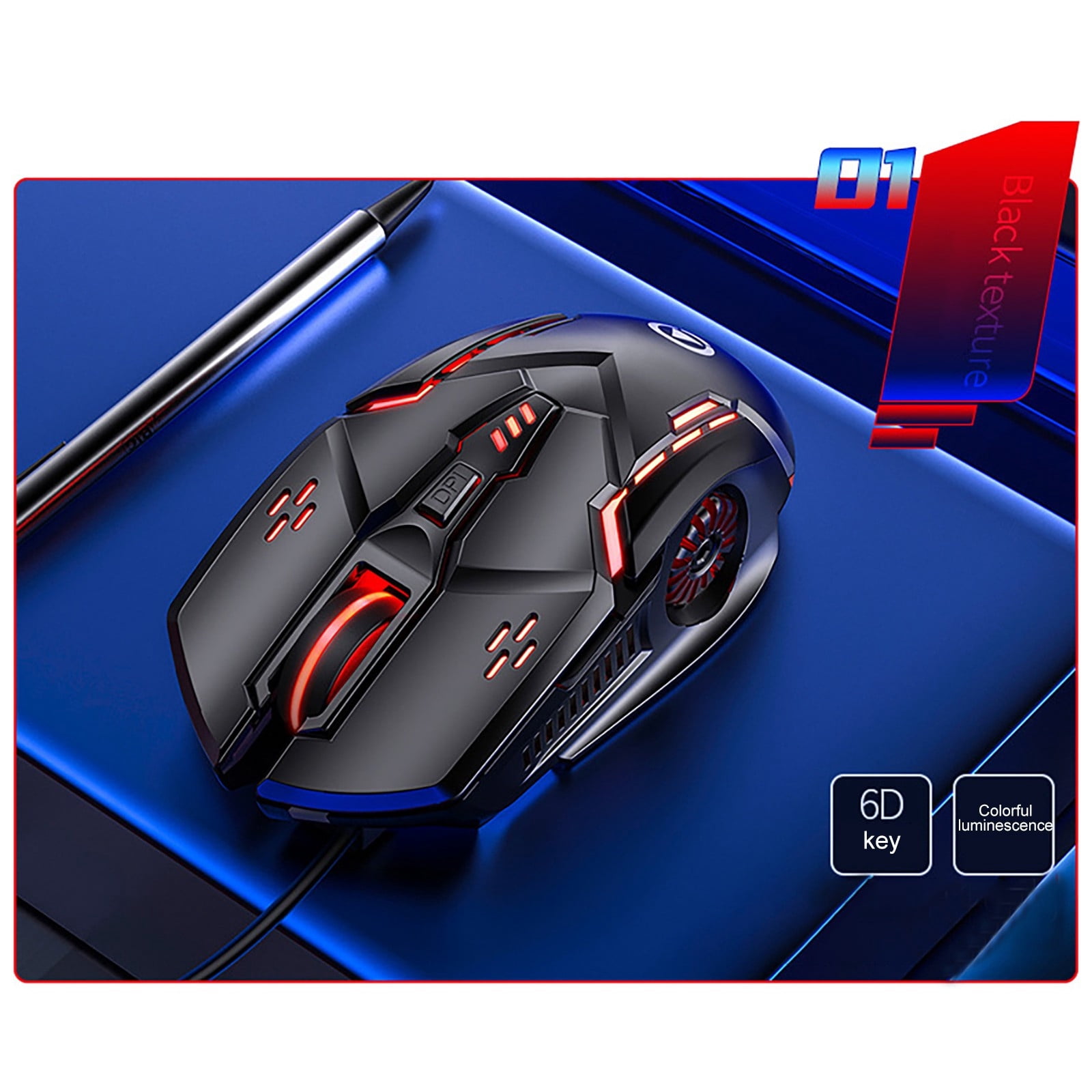 RuiJiao Wired Gaming Mouse Black 3200 DPI 6D Colorful LED Breathing 6 Buttons with Scroll Wheel and Fire Key Ergonomic Soft Grip for PC Laptop Computer Gaming Accessories
