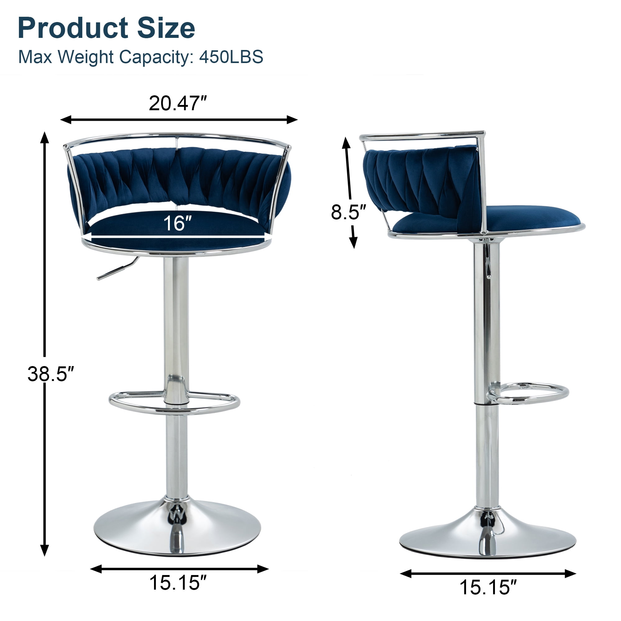 UIXE 360° Swivel Bar Stools Velvet Upholstered Adjustable Bar Chairs Set of 4 Silver Metal Barstool with Back & Footrest for Home and Kitchen, Navy Blue